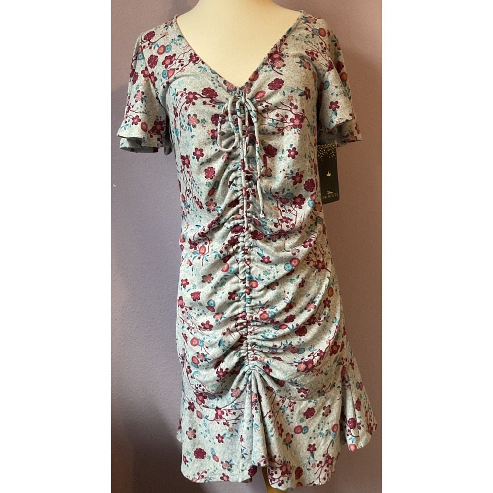 Disney Princess Dress Womens Medium Grey Pink Floral Fit Flare Ruched Large New